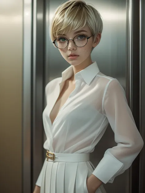 1girl, elegant bearing, small, slender build, short height, narrow shoulders, pale skin dotted by freckles, short platinum blonde hair, (((pixie cut hairstyle))), (((boyish hair))), (dark green eyes), silver glasses, cute facial features with an underlying...