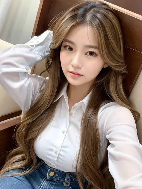 {2.5D art style} Han Julie is a young Korean woman in her 30s. Her hair is long and wavy in a dark blonde colors. 
Her face is oval and marked by her large brown eyes, which carry a cold, unexpressive face. Her skin is radiant and clear, presenting an impe...