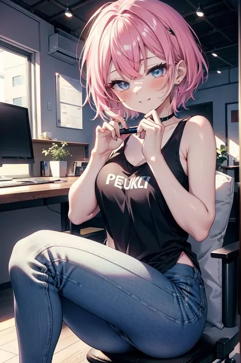 ichikanakano, Nakano Ichika, short hair, bangs, blue eyes, Hair between the eyes, Pink Hair, Grin,smile,black tank top shirt,Skinny jeans,Stiletto heels,interior,There is a computer on the table,whole bodyがイラストに入るように,Walking,Daytime,Clear skies,
break indo...