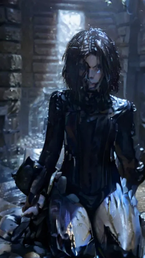 (masterpiece), best quality, expressive eyes, perfect face, underworld death dealer, underworld, Zipper, latex bodysuit, black hair, vampire fang, HD, sitting, leather corset, blue eyes, Kate beckinsale, British, gun, legs, wet, holster, leather boots, sel...