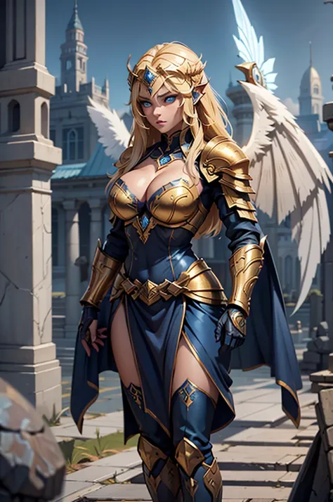 a full body shot of a woman standing on a roof top looking down at a city. A blonde woman, (glowing blue eyes), pretty face, full face, medium length straight hair over one shoulder. she wears shiny dark blue armor with gold trim (deep v-neck and exposed c...