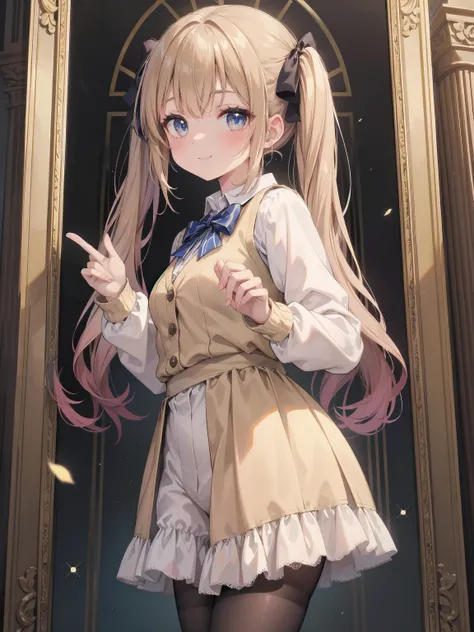 A lavish, photorealistic illustration of Soro, a charming 19th-century maiden, exudes elegance in a masterfully crafted scene. Framed by a ornate, gilded archway, she stands poised, her twintails adorned with sparkling bows, her cardigan vest and short-sle...