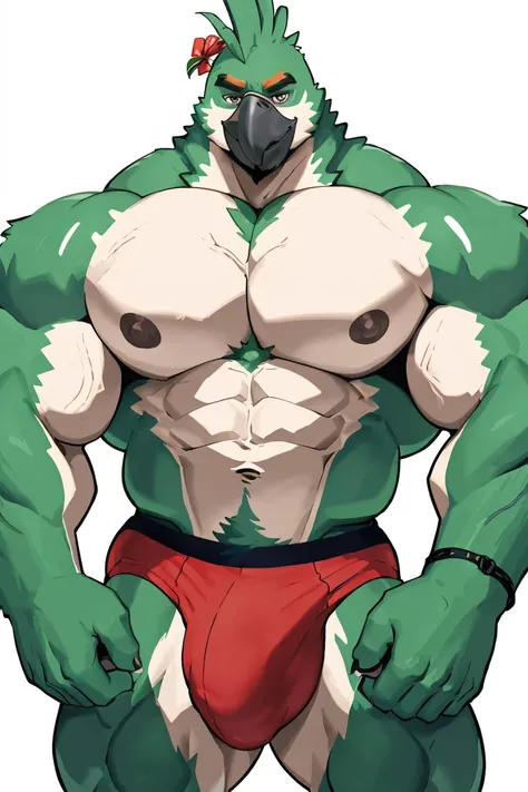 parrot man, exaggeratedly muscular, detailed eyes, prominent and dilated veins, alpha male, huge pecs (huge: 3.0), sensual expression, nicebulge, sexy pose, full body, (white background).