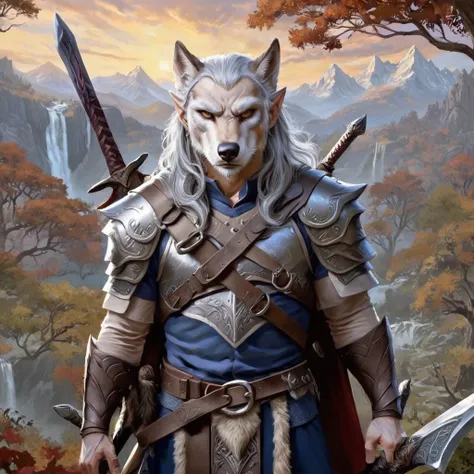 a male elf sorceror warrior, gray hair, axe on back, large sword in hands, wolf mask in hand, pointy ears, armor, clothing, adva...