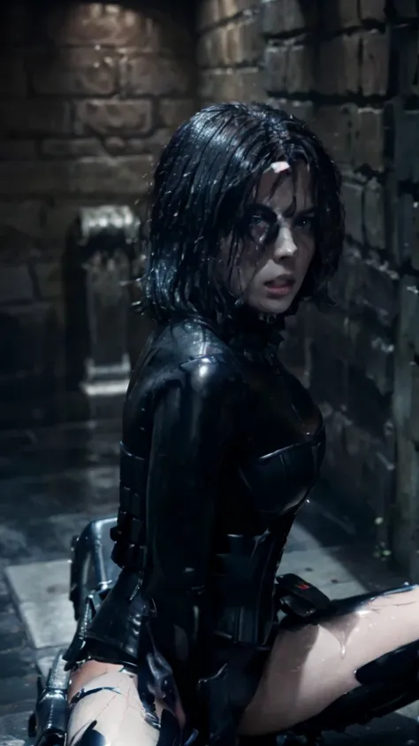 (masterpiece), best quality, expressive eyes, perfect face, underworld death dealer, underworld, Zipper, latex bodysuit, black hair, vampire fang, HD, sitting, leather corset, blue eyes, Kate beckinsale, British, gun, legs, wet, holster, leather boots, sel...