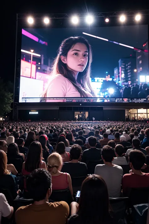 Create a big movie screen,on the screen just the black background off, big screen with a crowd of people looking at it outdoors waiting for the movie to start 