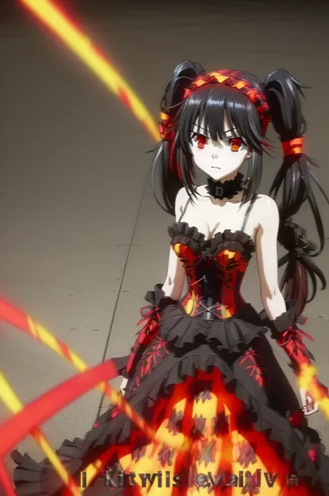 kurumi tokisaki astral dress, (tokisaki kurumi:1.2), long hair, black hair, (red eyes:1.3), (twintails:1.5), (yellow eyes:1.3), hairband, (heterochromia:1.5), dress, (red dress:1.5), bare shoulders, collarbone, choker, bowtie, red bowtie, detached sleeves,...