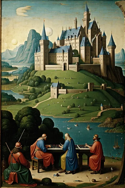 painting of three men playing a moog modular synthesizer, three men playing analog synth with only one castle in the background, hieronymus bosch style, masterpiece