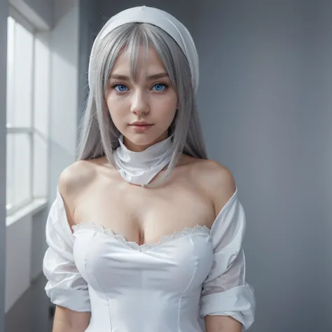 Silver haired girl with big , posing for a picture, standing, 4k, half body image, white closed dress, blue eyes, perfect fingers two hand, perfect eyes, unseductive anime girl, using white headscarf