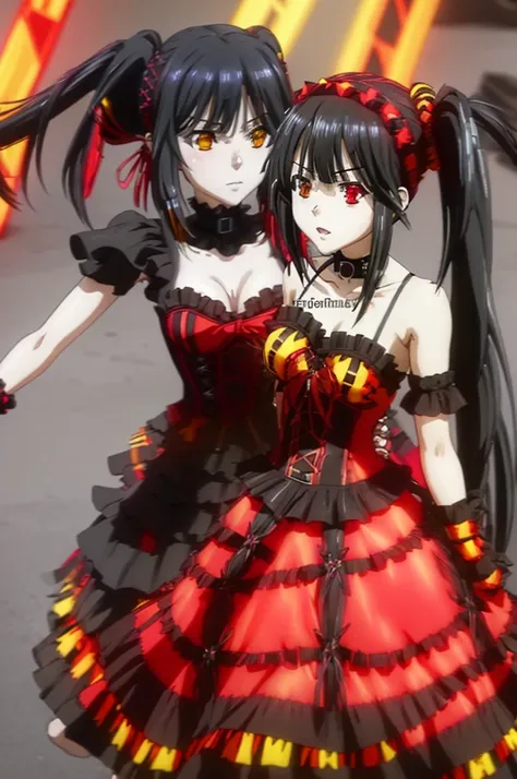 kurumi tokisaki astral dress, (tokisaki kurumi:1.2), long hair, black hair, (red eyes:1.3), (twintails:1.5), (yellow eyes:1.3), ...