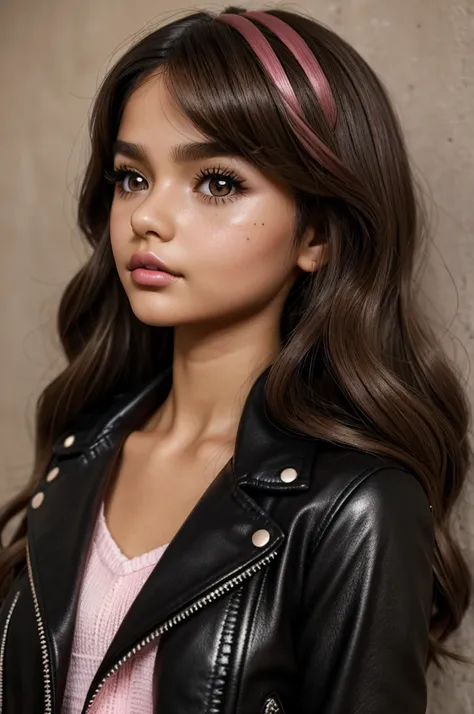 Blythe doll  with not too long wavy brown hair, black eyes with eyelashes, tan skin, two moles diagonally on the left cheek, shiny lips and pink cheeks.  Dressed in a black leather jacket