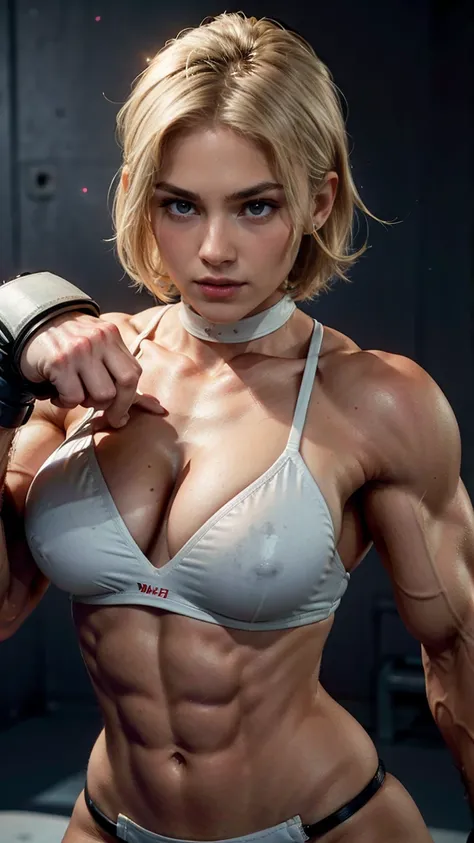 (Muscular:1.1), blonde female, bokeh, (freckles:0.8), upper body view, bokeh, detailed eyes, (athletic body:1.0), (muscular body:1.3), (looking at viewer) (Bulky:1.1), (swaggy), dark studio, rim lighting, two tone lighting, dimly lit, low key (DETAILED SKI...