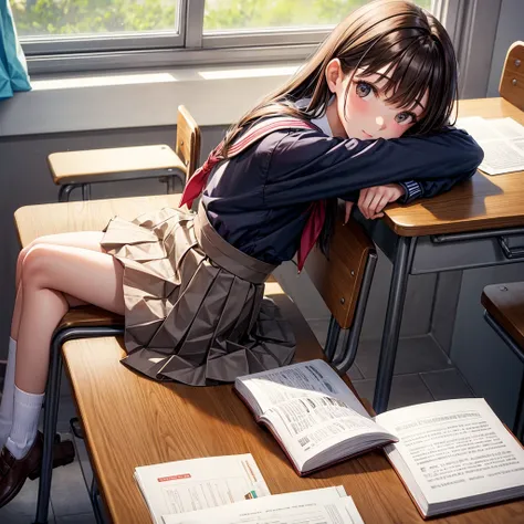 ((masterpiece, best quality)),best aesthetic,1girl, , desk, sitting, school desk, brown hair, classroom, long hair, indoors, chair, looking at viewer, :p, solo focus, brown eyes, skirt, long sleeves, pencil, pencil case, paper, black serafuku, pleated skir...