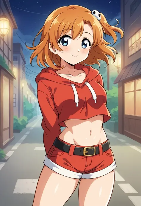 Masterpiece, best quality, cowboy shot, kousaka honoka,floating hair, blue eyes,solo, looking_at_viewer, blush, short_hair, long_sleeves, collarbone, yellow_eyes, hair ornaments, village street, hood, bare_legs,red crop hoodie, midriff,navel ,standing, hoo...