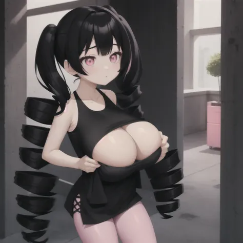 black hair, female, twin drills, solo, smol, pink eyes, massive breasts, very long hair, wear open cut black tight tank top and pink leggings, masterpiece, ultra high quality