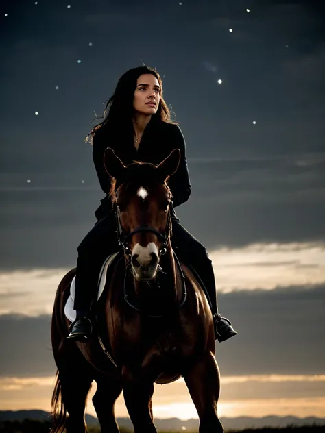 cinematic film still realistic, photorealistic, award winning photo , Long Shot, Female centaur equal to mythological creature, half human Latina woman with long black hair, athletic body. Half horse. Black in a lonely place with a sky full of stars, tryin...