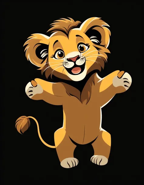 
A little lion with its paws raised to the sky smiling, with a black background