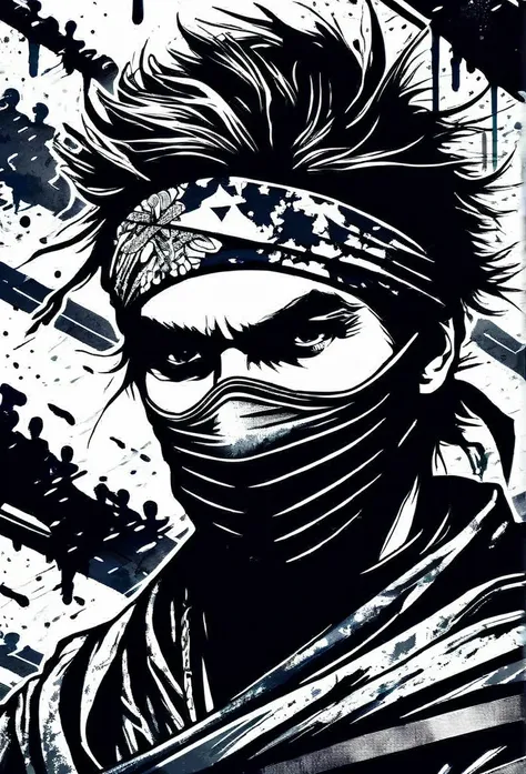 (((ink style art:1.3))), ninja inspired guerrilla, realism style, sharp gaze, bandana and bandana mask, messy hair, upper body, dripping tree of backdrop, cinematic angle, high quality, detail, (((enhanced ink atmosphere:1.3))),