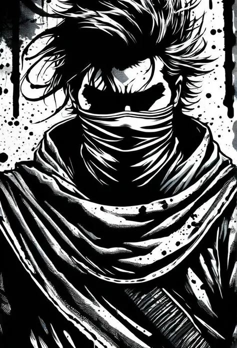 (((ink style art:1.3))), ninja inspired guerrilla, realism style, sharp gaze, bandana and bandana mask, messy hair, upper body, dripping tree of backdrop, cinematic angle, high quality, detail, (((enhanced ink atmosphere:1.3))),