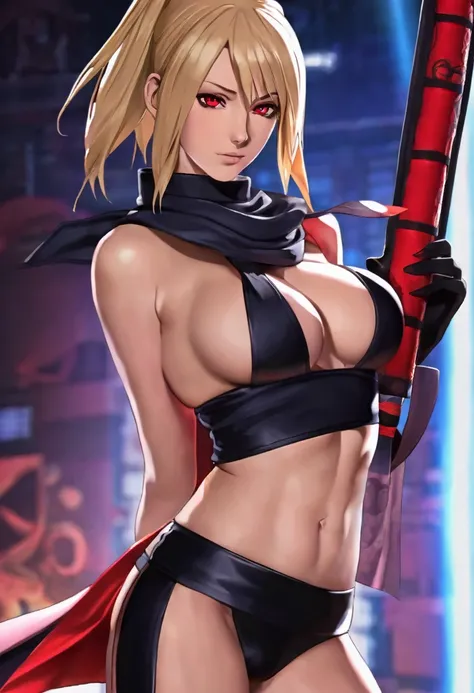 Scarlet Johannson cosplaying as a Naughty Uchiha Ninja from Naruto in stripper outfit. she is nearly wearing nothing and what she has on is extremely revealing it makes her blush and she has glowing red eyes, Stunningly shaped body that makes men drool, dy...