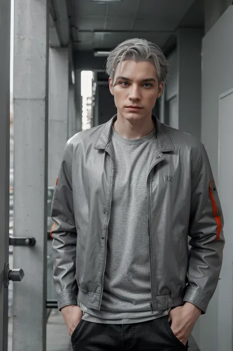 man with pale skin (VERY GRAY GRAY VERY GRAY GRAY VERY GRAY GRAY VERY GRAY GRAY) completely white eyes, green hair with some strands painted orange and red, wearing casual and comfortable clothes, wearing a black leather jacket with his hands inside the po...