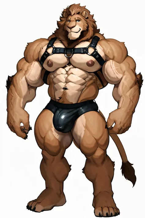 Lion man, exaggeratedly muscular, detailed eyes, prominent and dilated veins, alpha male, huge pecs (huge: 2.5), sensual expression, nicebulge, gayharness, sexy pose, full body, (white background).