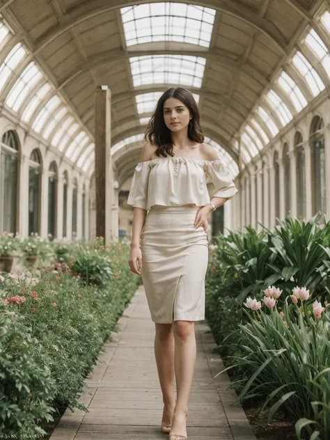 her name is Elle, high quality, 1girl, ((20-year-old fit Caucasian woman)), ((20 years old)), ((fit)), ((pale skin)), Beachy Waves dark hair , wearing Off-Shoulder Satin Blouse+ High-Waisted Pencil Skirt, pose: standing, background:  The former railway sta...