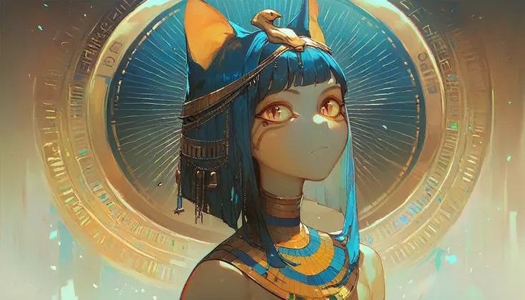 1girl，artist name，egyptian cat，blue hair，skin，keep your mouth shut，wear，whole body，solo，standing，cat&#39;s tail，