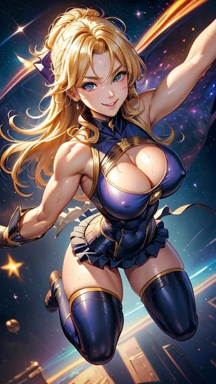 Digital Painting, Superhero, Muscle Girl in bodysuit, Korean idol face, blonde long hair in wind, smiling young girl, pose, fist up, Raise your arms, ((From above)), 1 ((Raise your knees)), tight ((((sagging massive breasts)))), mini skirt with frill, Flut...