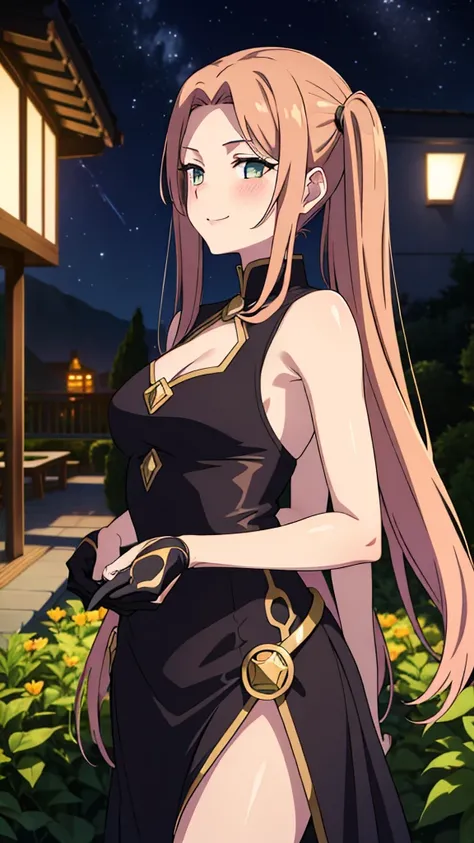 (1girl,20 years old),caramel hair,long hair,medusa hair,black elegant outfit, sleeveless,bare shoulders,smile,sexy,sensual,beautiful,cute,blush,extra arms,four arms,cleavage,twintail,at a party in a garden,party,night,looking at view,loving,dreamy, colorfu...