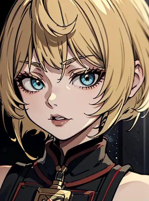 a close up of a woman with a black dress and black lipstick, blonde hime cut hair, with short hair, 1 7 - year - old anime goth girl, short pigtails hair, white hime cut hairstyle, sui ishida with blonde hair, with short hair with bangs, short blonde hair ...