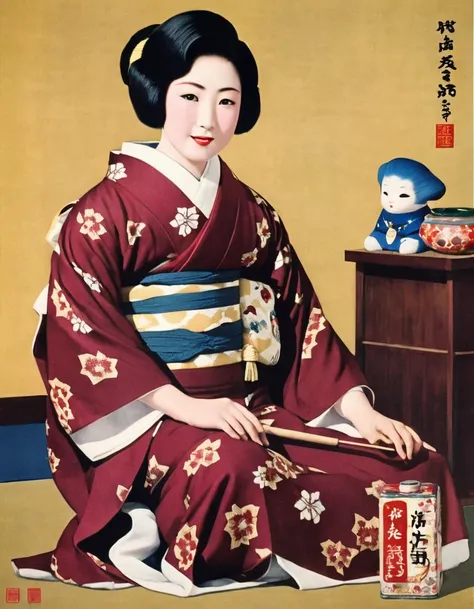 highest quality、masterpiece、japanese posters from the 1930s、realistic、retro image、a young japanese woman、kimono with geometric p...