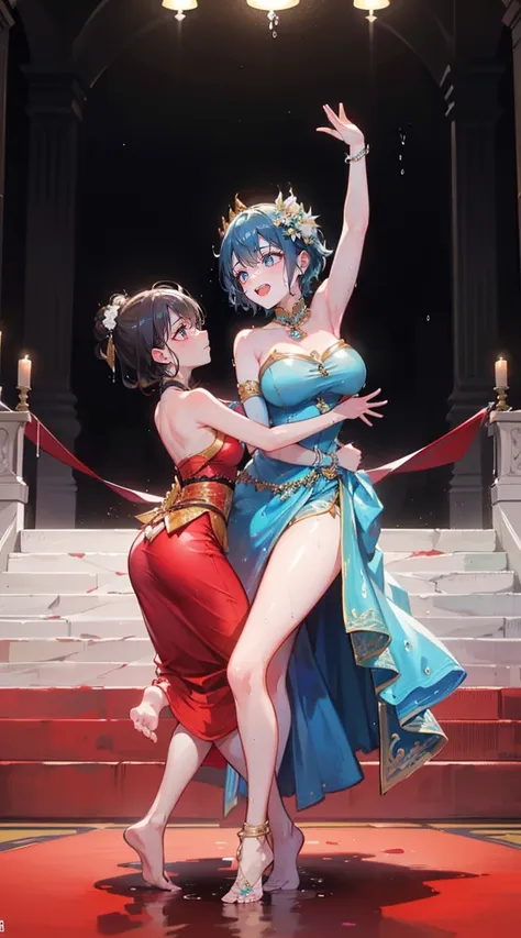 (2 young women ,beautiful woman),(20-year-old girl)，smile，(light green short hair)，nobility，(princess)，blue student，tall figure，...