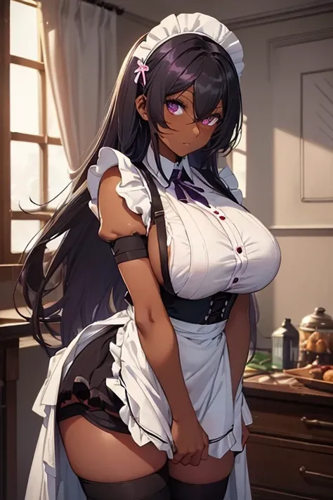 (isabe),(1 girl),(pretty:1.5),(Super hot:1.5),(dark skin:2.0),(Long dark purple hair and dark purple eyes),(Super mega gigantic breasts:1.5), (Height 1.76),(beautiful young woman),(super handsome 18 year old teenager),(Wearing),+,(dressed as a maid, and ma...