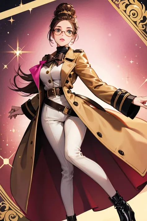 Boss Queen has medium brown skin, glitter brown hair in a large bun, black round glasses, brown hair, brown eyebrows, and pink lips. She has a gold trench coat with a black belt with a bow. She has black shoes with pink soles. SPARKLE; GLITTER