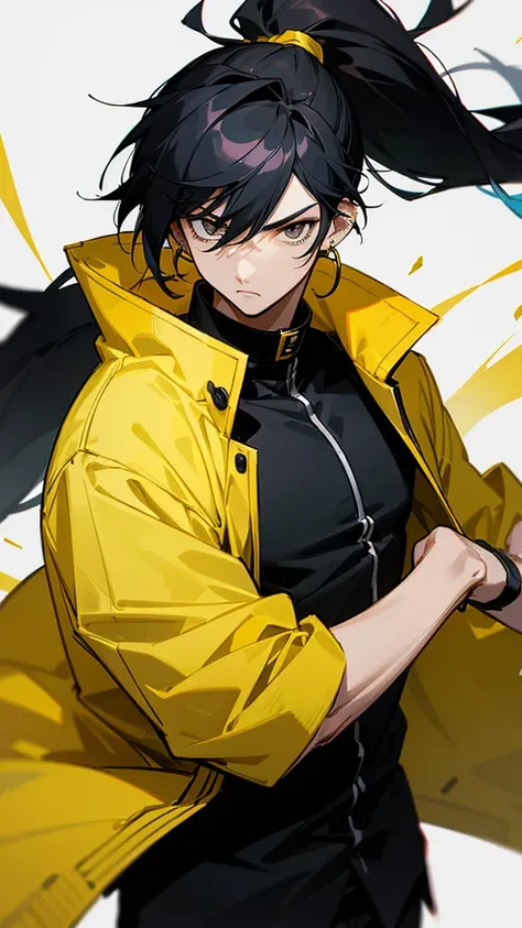 Male character with black hair with a half ponytail and a yellow jacket black eyes u. Black collar, black shirt, anime style, manga style and long hair that is from an anime drawing. With a black shirt with yellow earrings and a yellow jacket with blood. 
