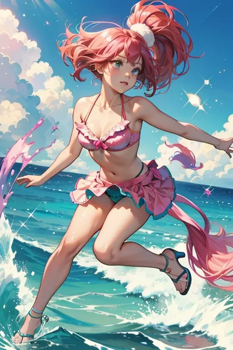 Treasure has shiny medium brown skin, dark teal eyes, and freckles on either cheek. Her hair is metallic orange-pink with hot pink streaks through it, and is flipped to one side. She wears a metallic turquoise shell bikini top, and a matching ruffle skirt ...