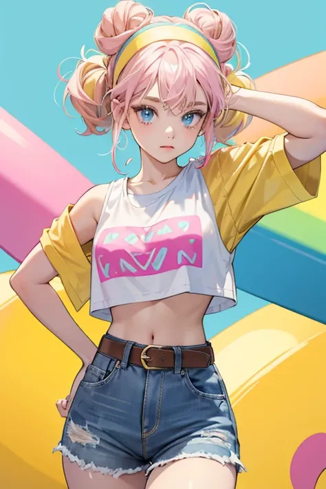 Her hair is in a triple bun which is pastel pink, and a pastel yellow hairband wrapped around it. She has matching pastel pink eye brows to go with her hair. She has grey-blue eyes, and light brown skin. She wears a pink and white crop top with a pastel ra...