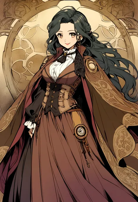 middle-aged anime woman with Victorian steampunk style costume as well as set in a steampunk style universe, holding a blanket looking straight ahead with a smile