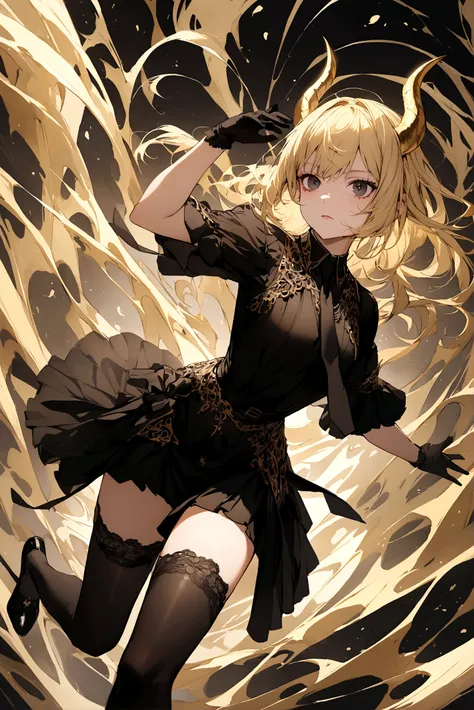 Female character with not-so-long yellow hair and golden horns and a black short-sleeved shirt and a black tie and a small black skirt and small black stockings and black eyes and black gloves 