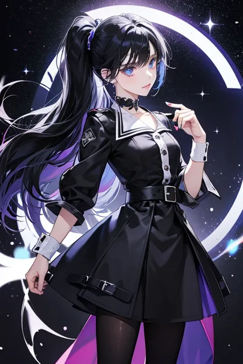 Dusk has white skin with black hair that has ponytails at both sides with midnight blue tips, she has a black dress with a white collar, cuffs and belt, black tights and black shoes. She also has a black teardrop under her right eye. SPARKLE; GLITTER