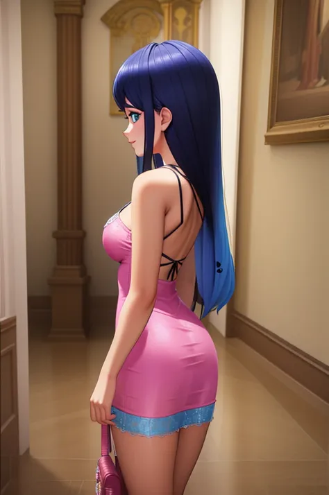 (8k, RAW photo, best quality, masterpiece:1.2), (intricate details), perfect eyes, perfect face, perfect lighting, beautiful, (masterpiece:1.2), (best quality:1.2), 1girl, solo, Marinette, blue hair, ((long loosen hair)), adult torso, 19 years old, slight ...