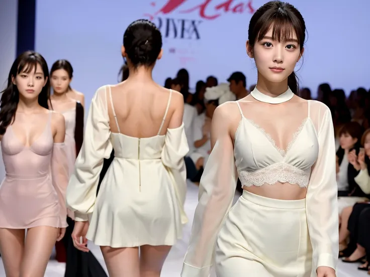 A live-action photo of an extremely beautiful Japanese high school girl race queen who highlights her large breasts and beautiful legs.、Photographed walking down the runway at a fashion show wearing the latest BRADELIS New York lingerie.、She is an eternal ...