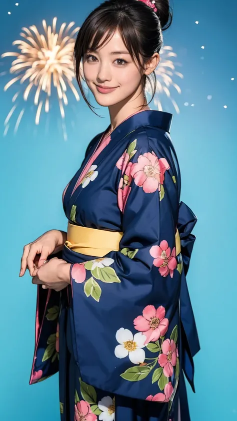 ((masterpiece)),(((Highest quality))),((Character design sheet)),A Japanese yukata with a bright floral and flower pattern in a combination of light blue and navy blue.:1.5，Stylish sandals:1.5，The best smile:1.5，Upper Body Shot:1.5，Night fireworks backgrou...