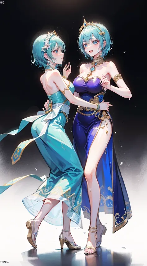 (2 young women ,beautiful woman),(20-year-old girl)，smile，(light green short hair)，nobility，(princess)，blue student，tall figure，...