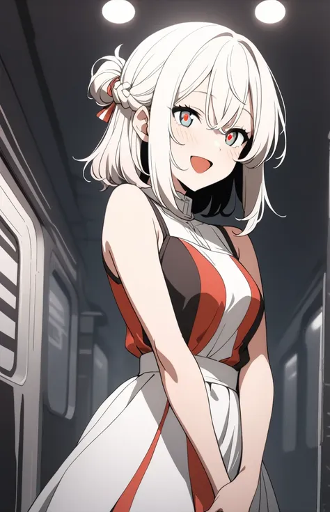 1girl, cheerful smile with open mouth, multicolored dress, white, red, pure fashion, v-arms, mini bag, station platform, 
masterpiece, best quality, very aesthetic, absurdres, high contrast kino_himari, (cowboy shot:1.5), break (masterpiece:1.2), highest q...