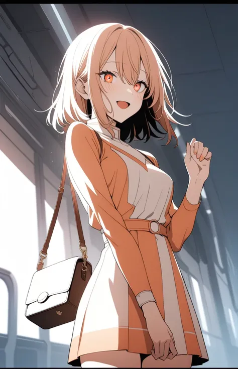 1girl, cheerful smile with open mouth, multicolored dress, white, red, pure fashion, v-arms, mini bag, station platform, 
masterpiece, best quality, very aesthetic, absurdres, high contrast kino_himari, (cowboy shot:1.5), break (masterpiece:1.2), highest q...