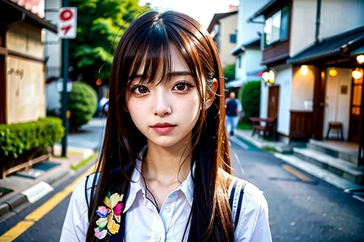 a woman in her twenties with long brown hair pointing at something, photo of slim girl model, likeい日本人女性, characteristics of jap...