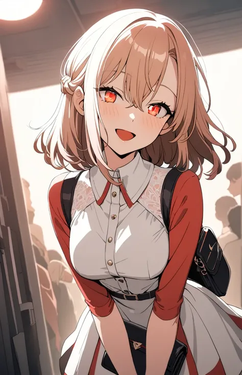 1girl, cheerful smile with open mouth, multicolored dress, white, red, pure fashion, v-arms, mini bag, station platform, masterpiece, best quality, very aesthetic, absurdres, high contrast kino_himari, (cowboy shot:1.5), break (masterpiece:1.2), highest qu...