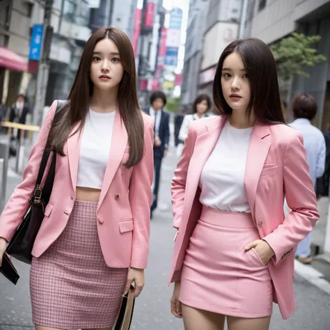 Front view,(1 woman),solo,Anne-Marie Alto ,long hair, wear a tight pink suit, tight skirt ,(short skirt),looking at camera,25 years old, (((Anne-Marie Alto))), in the Tokyo city